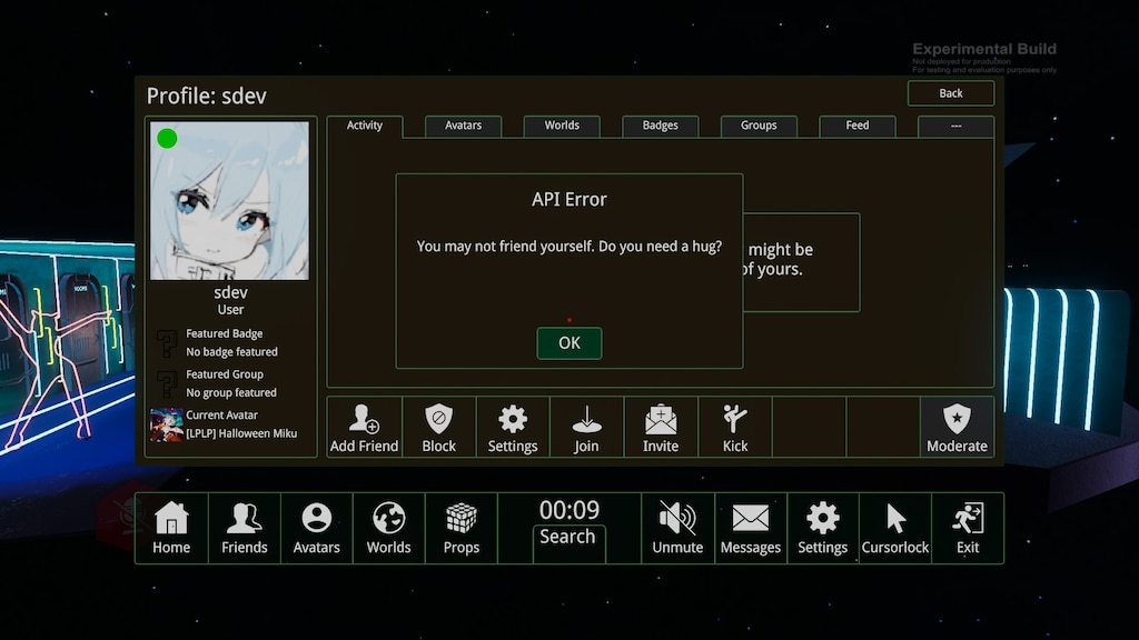 The ChilloutVR menu showing the profile of the player 'sdev' and a popup showcasing the error message: 'API Error; You may not friend yourself. Do you need a hug?'